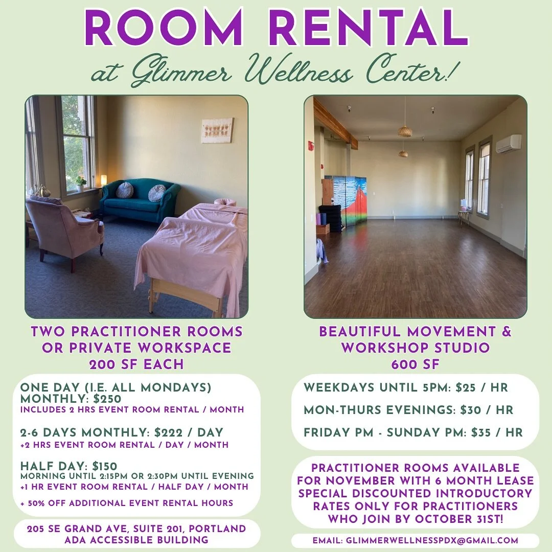 🙌CALLING ALL HEART-CENTERED HEALING ARTS PRACTITIONERS🙌

We&rsquo;ve got a beautiful space for you to see clients here at @glimmerwellnesspdx ✨

We&rsquo;ve been putting the finishing touches on our two beautiful 200 SF practitioner rooms, and we a