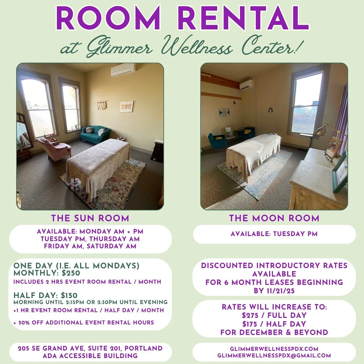 Okay, kittens! This is your verrrry last chance to get in on our introductory practitioner room rates at @glimmerwellnesspdx 🙌

Calling in massage therapists, energy healers, acupuncturists, and more! 💆&zwj;♀️

These discounted rates are available 