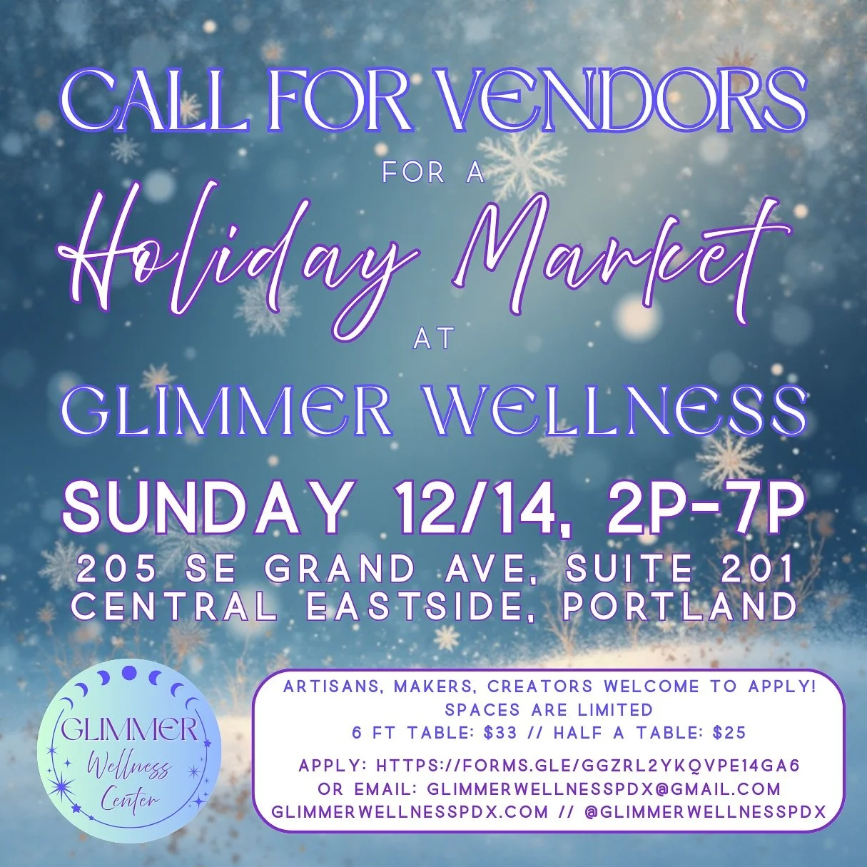 💖CALL FOR VENDORS💖

🧵Calling all crafters, makers, artisans, and creators! Join us and share your wares with our beautiful community at the @glimmerwellnesspdx Holiday Market! ❄️

✨Sunday 12/14, 2p-7p✨

🧚&zwj;♀️Vendor fees $25-$33🧚&zwj;♀️

Space