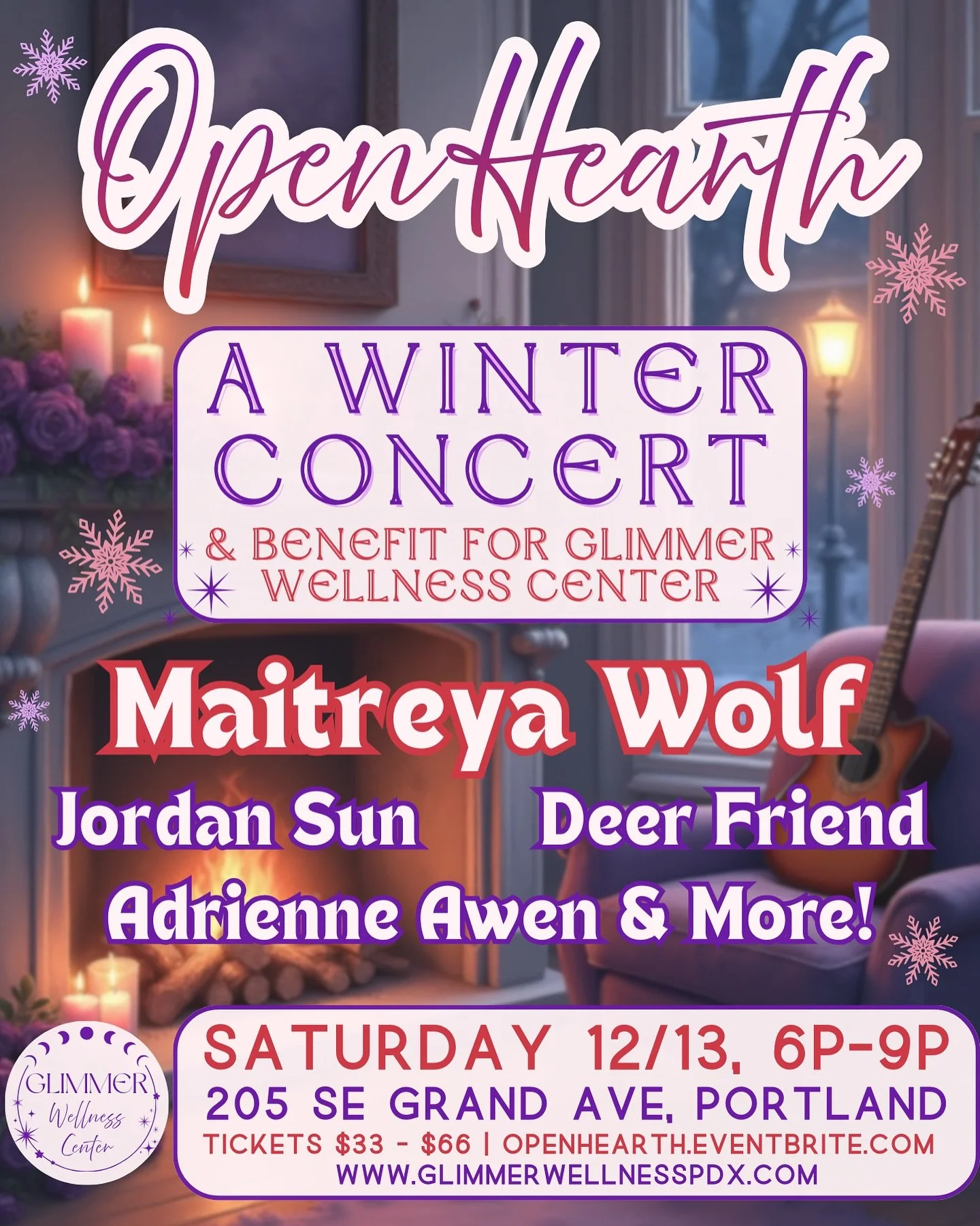 ❄️OPEN HEARTH: A Winter Concert 🎶

💖 &amp; benefit for @glimmerwellnesspdx 💖

A TRULY stacked line-up featuring:

🐺 @maitreyawolf 
🪉 @adrienne.awen 
🦌 @deerfriendpdx 
☀️ @jordansundancer 

🦢LIMITED AMOUNT OF $25 EARLY BIRD TIX AVAILABLE THROUG