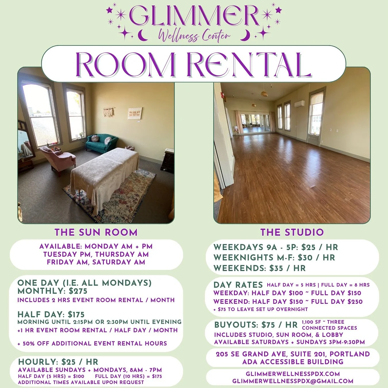 💖Room Rental at @glimmerwellnesspdx 💖

❄️Updated pricing for December &amp; beyond! ❄️

☀️SUN ROOM☀️

✨Available for 6 month leases✨
✨Hourly rental available Sunday &amp; Monday only✨

💃THE STUDIO💃

✨600 SF movement studio available for all your 