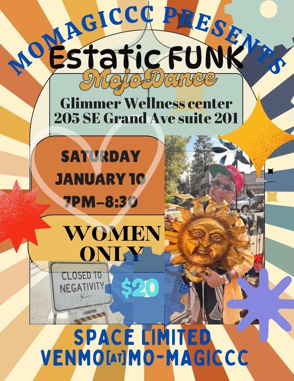 ✨🪩 Ecstatic Funk Night with MoMagiccc! 🪩✨

🪩 A groovy event for women to be in community and reclaim their mojo! 

✨Limited capacity✨
Entry $20 via Venmo mo-magiccc

🪩 Arrived by 7p, doors close at 7:11pm for a cozy, closed container setting. 

S