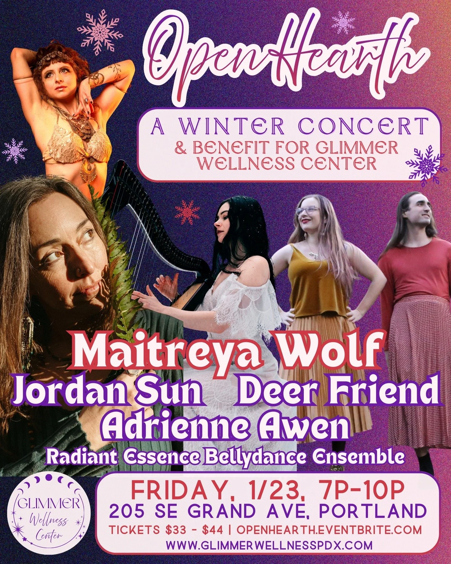 ✨ Gather with us on 1.23 at 7pm for Glimmer Wellness Center's First Annual Open Hearth, Winter Benefit Concert. 

We invite you to join us in presence and heart-centered connection for an evening of song, dance and community-building. 

This gorgeous