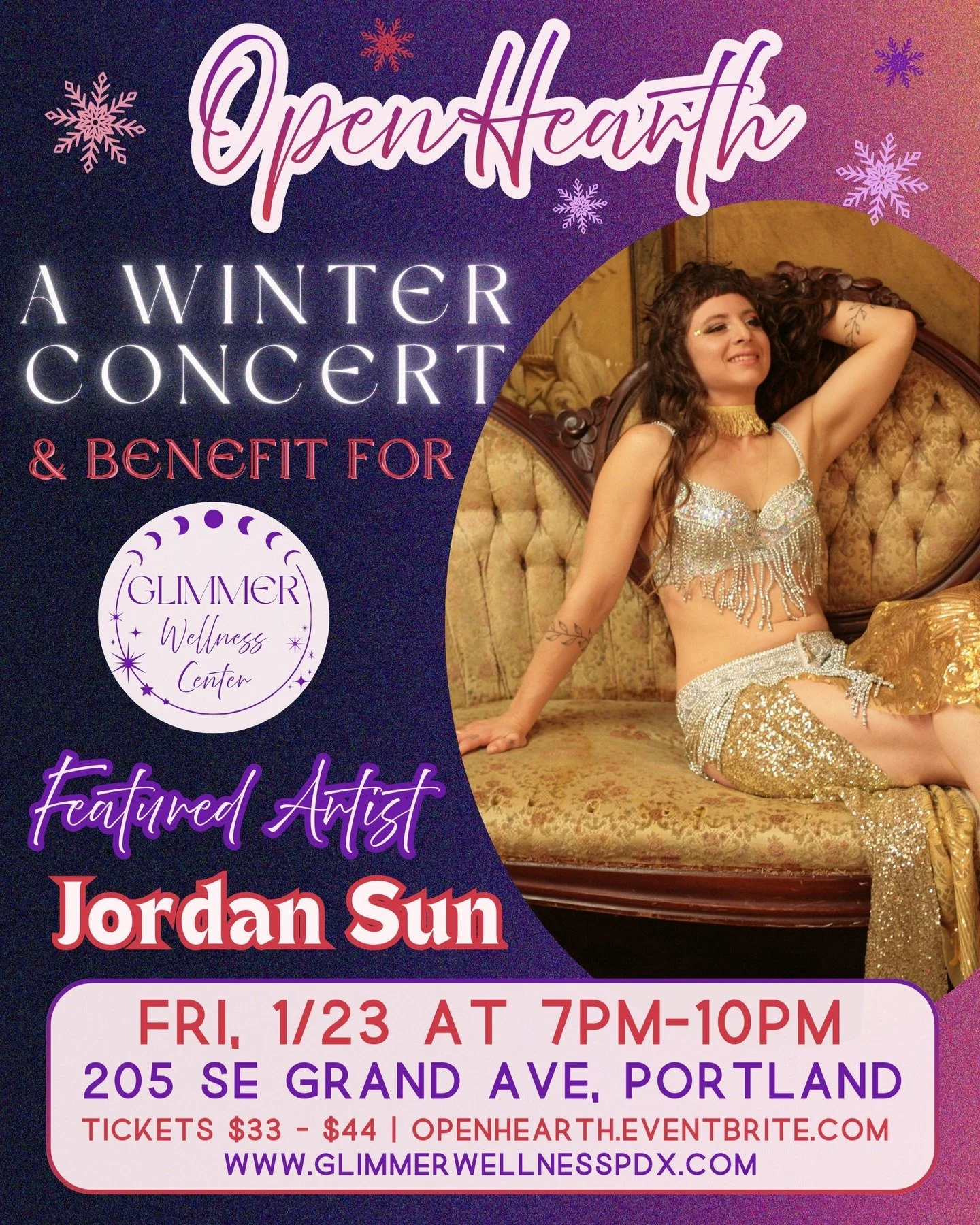 Our next featured artist for Glimmer&rsquo;s Open Hearth Winter Benefit Concert on 1.23 at 7pm is our Co-founder @jordansundancer with @infinitelylovehealingarts doing fusion belly dance! 

Jordan is a lifelong dancer and multi-passionate artist. At 