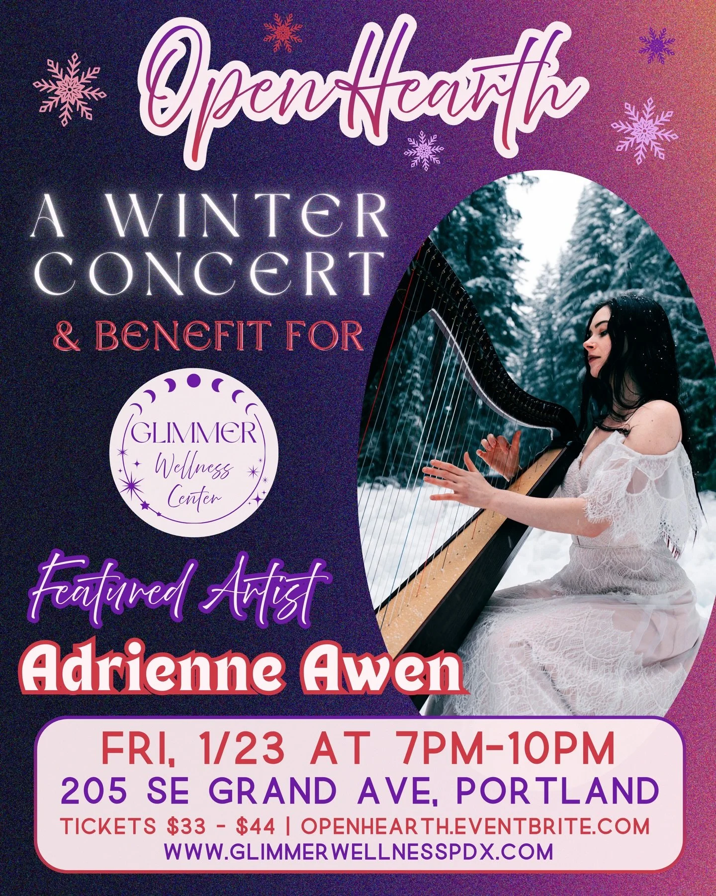 ❄️ With so much gratitude, we introduce one of our featured artist @adrienne.awen for our Open Hearth Winter Benefit Concert this Friday. 

Through otherworldly vocals &amp; ethereal harp melodies, Adrienne Awen&rsquo;s music is an homage to the muse