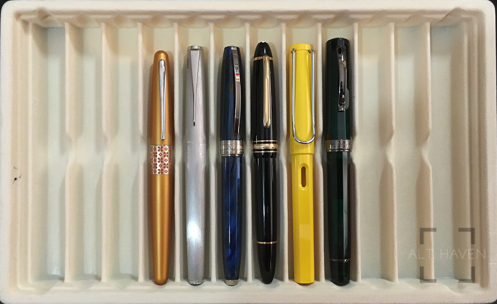 L - R: Pilot Metropolitan, Lamy Studio, Visconti Van Gogh, Montblanc 146, Lamy Safari and OMAS Arte Italian