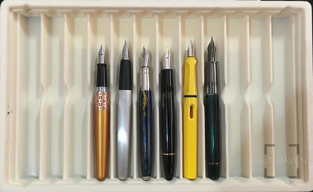 L - R: Pilot Metropolitan, Lamy Studio, Visconti Van Gogh, Montblanc 146, Lamy Safari and OMAS Arte Italian