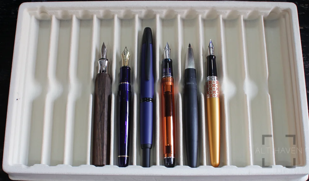 L to R: Faber-Castell Ondoro, Platinum #3776 Century, Pilot Vanishing Point, Pilot Custom 74, Lamy 2000, Pilot Metropolitan