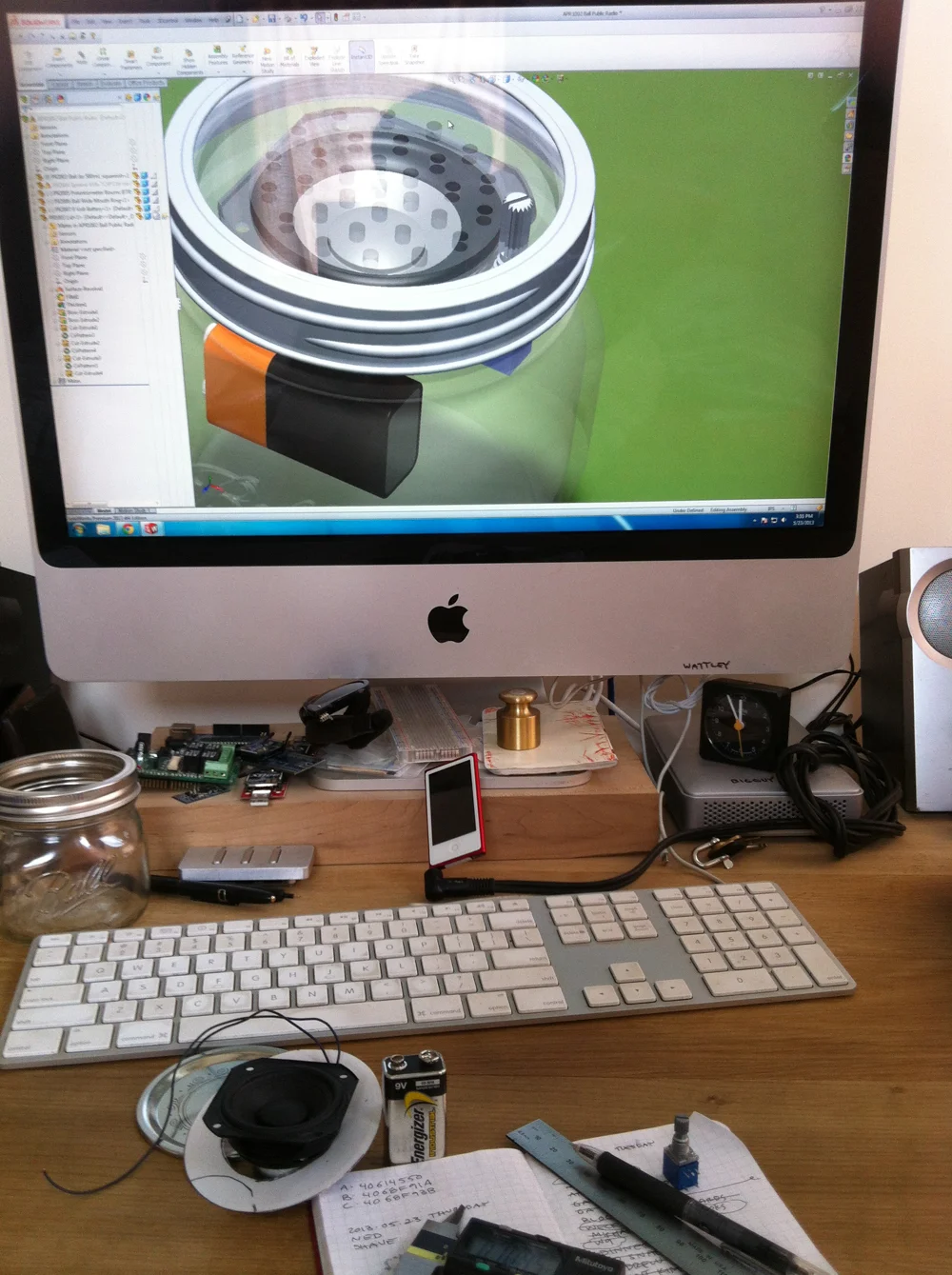 the Public Radio is coming along. the pot is a little tricky to fit in the enclosure, but i think we can make it work, and the speaker and battery will be fine regardless. i have half a mind to switch over to a Weck jar, as the lid is slightly larger, but it lacks the brand name recognition that Ball jars are so good for.