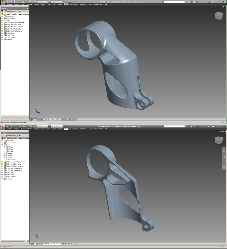 My seatmast topper, in full and half-section views. Note internal cavities in the center neck area.