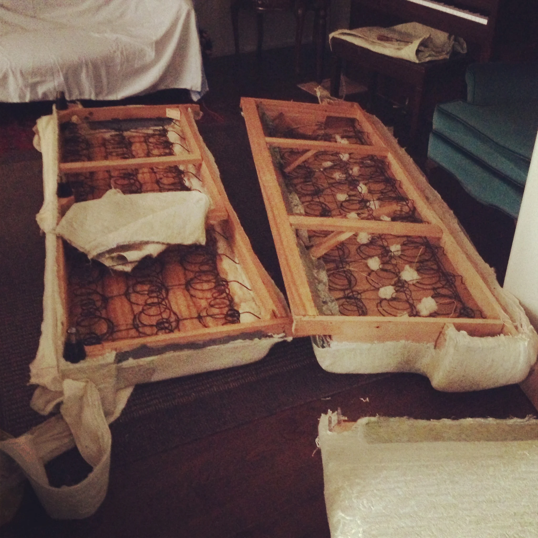 Obligatory instagram shot. We had to take the couch apart. Its held together literally by maybe 4 bolts. You can see the wood frame is still excellent. Benefits of buying an older couch.
