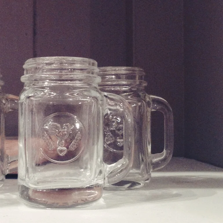 OK. This is the worst photo ever BUT check. out. these. mason jar. shot glasses. Shot glasses. Whaaaaaaat. May have audibly gasped when I saw them. So stinkin' cute. 