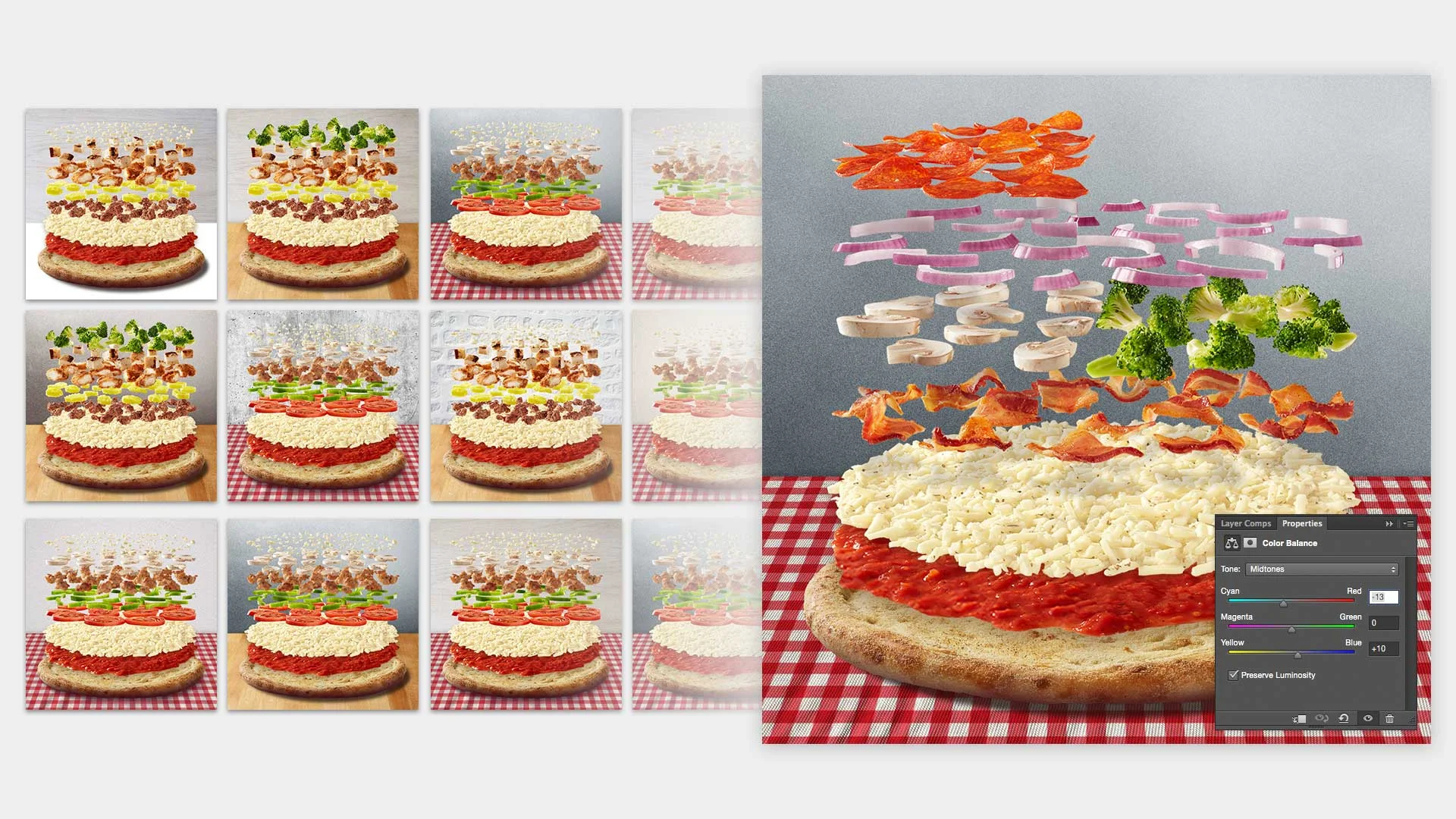 Optimizing the background texture and color balance for the full range of possible toppings.