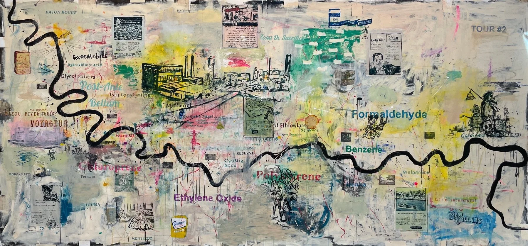 Tour#2 (Sacrifice Zone) 

 

 100" x &nbsp;216"  acrylic and collage on canvas paper  2022  &nbsp; 