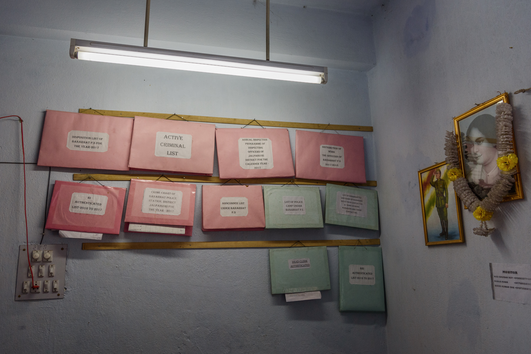  Police record files hang on the walls of Banarhar Police station, West Bengal, India. This region is notorious for trafficking and many girls have been missing from the area. 
