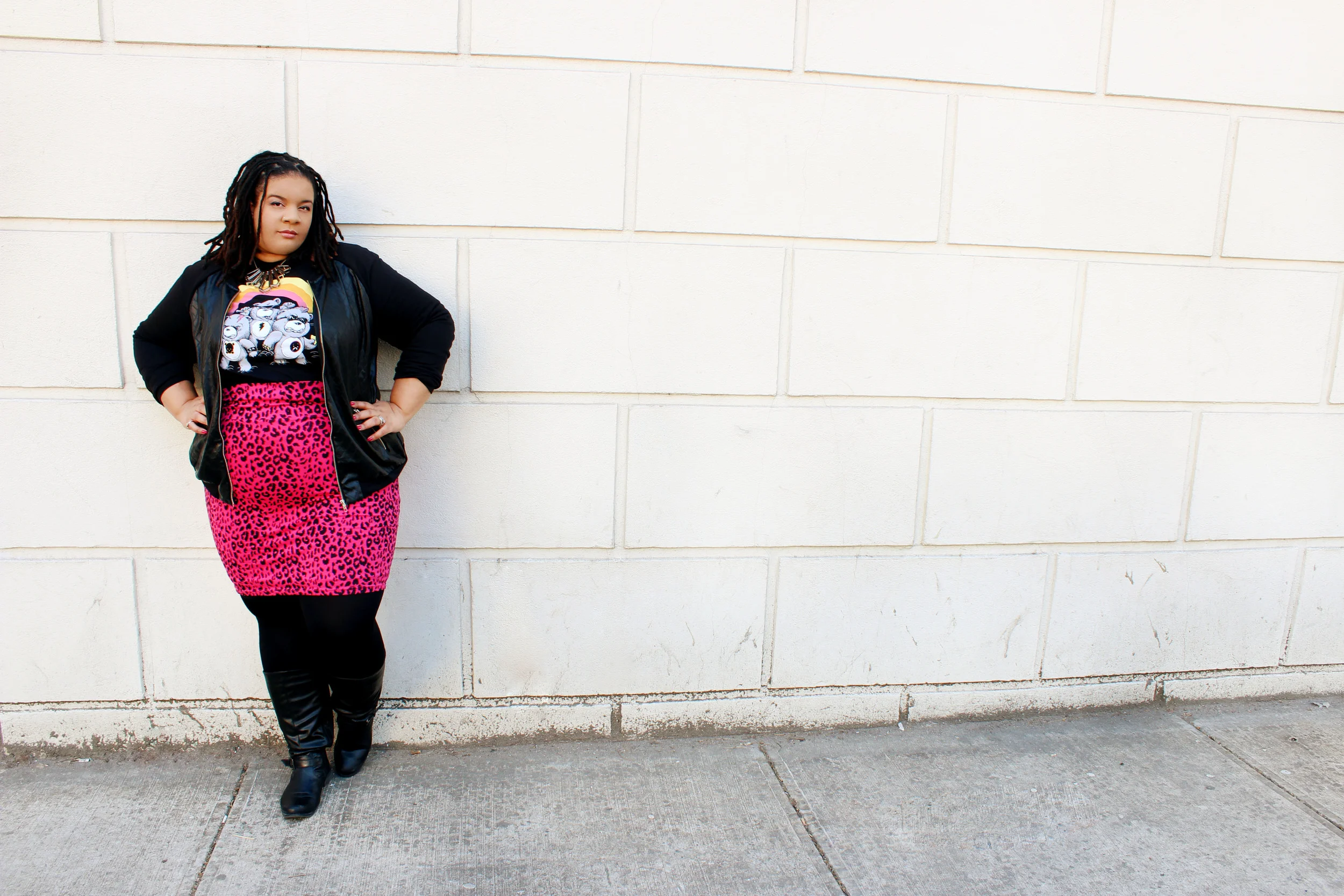What I'm Wearing: Jacket/ Forever21 , T-Shirt/ Threadless.com , Skirt/ Forever21 , Leggings/ Rainbow , Boots/ Avenue.com