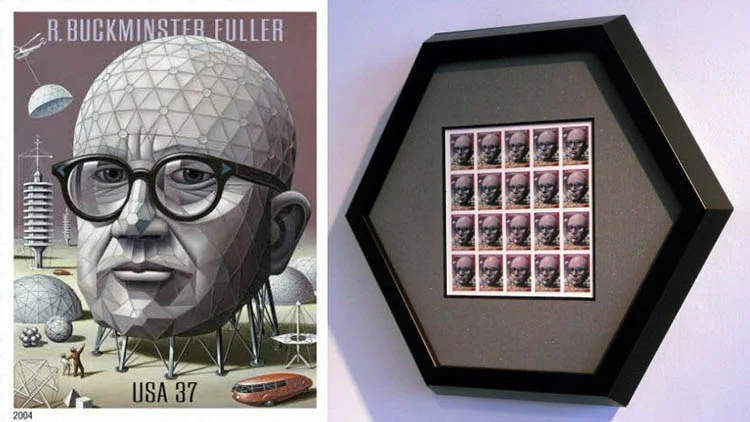 custom hexagonal frame for R. Buckminster Fuller stamp collection