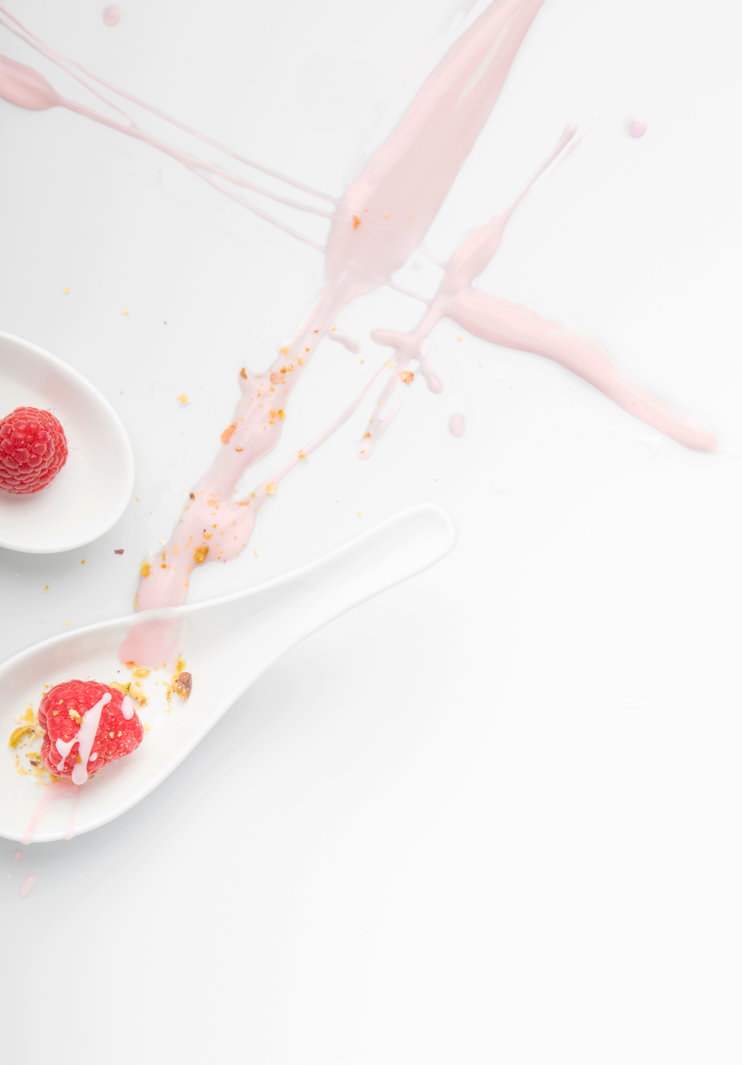 Food Styling * Prop Styling * Raspberries * White Spoons * Yogurt Drizzle * Pistachio Granola * Raspberry Red & White * Stylist: Josephine Castellano JosCast.com Photographer: Jisun Lee