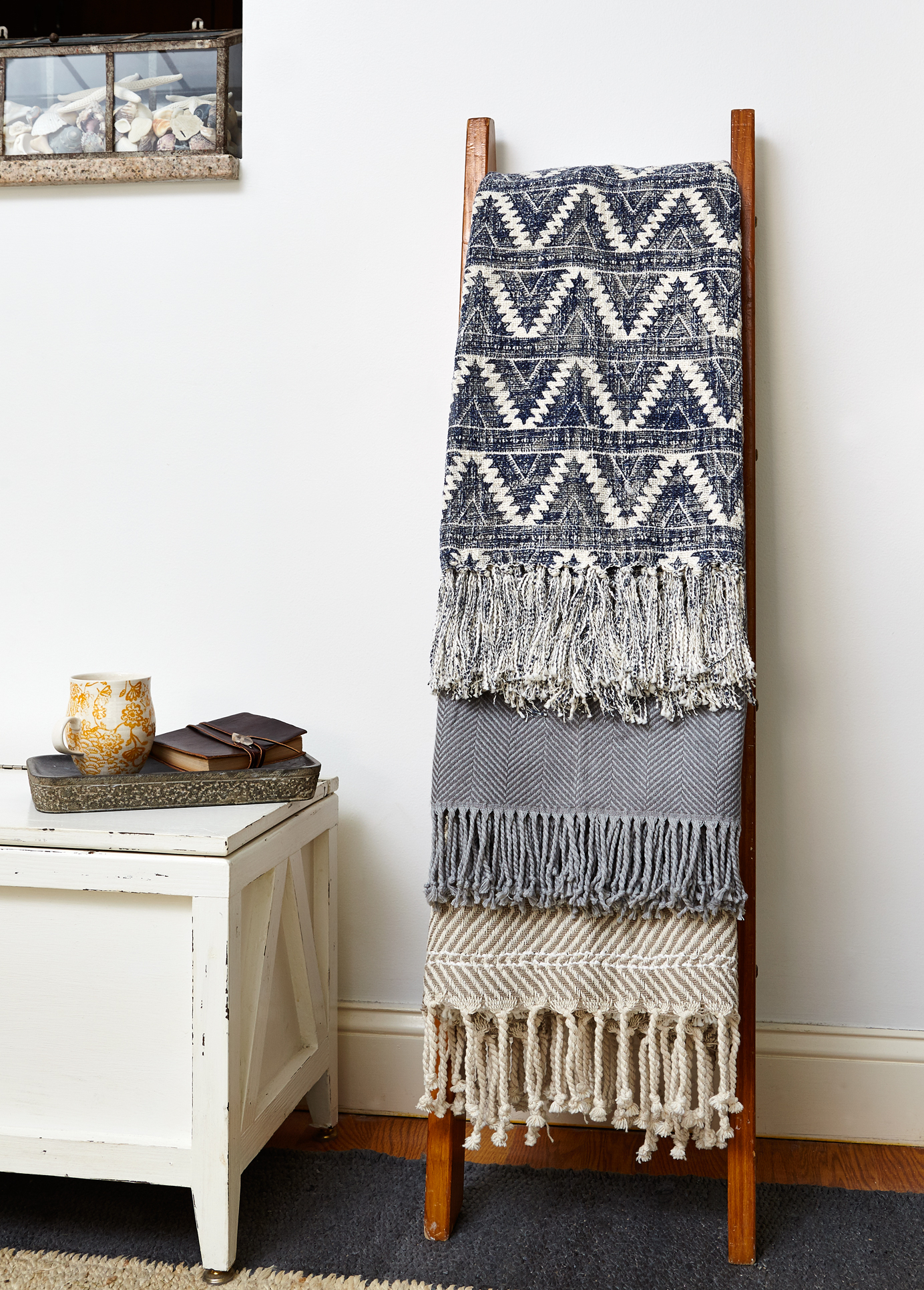 Prop Styling * Interior Styling * Lifestyle Photography * Blanket Ladder * Custom Distressed Chest * Blues * Prop Stylist: Josephine Castellano JosCast.com Photographer: Amanda James Photo