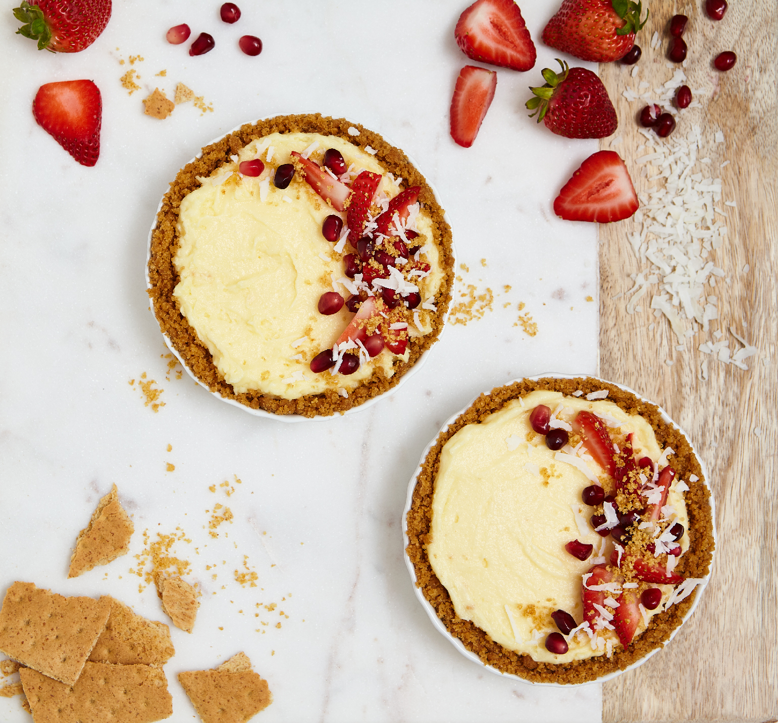 Food Photography * Food Styling * Strawberry And Pomegranate * Cheesecake With Graham Cracker Crust * Prop & Food Stylist: Josephine Castellano JosCast.com Photographer: Amanda James Photo