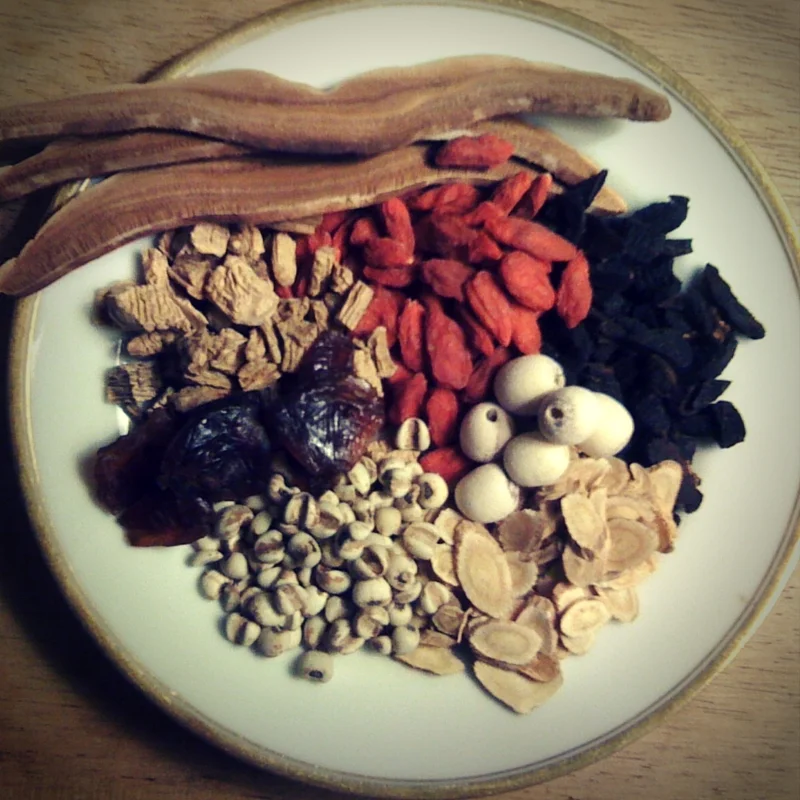 5. Try Our Herbal Soup Mix The Chinese firmly believe that a person's health is affected by the kind of food he consumes. All food items contain properties that affect bodily functions. In fact, every ingredient in the Chinese kitchen is supposed to have a different effect on the body. Our soup mix is intended to be cooked with chicken or vegetables; the woody herb, Astragalus, is removed before eating. Each bag makes 4 generous servings providing 40 grams of bulk herbs/serving. Learn about the herbs included in this mix: Lotus seed , Lycium, Dioscorea , Polygonatum, Black fungus , Codonopsis , Astragalus , Longan.