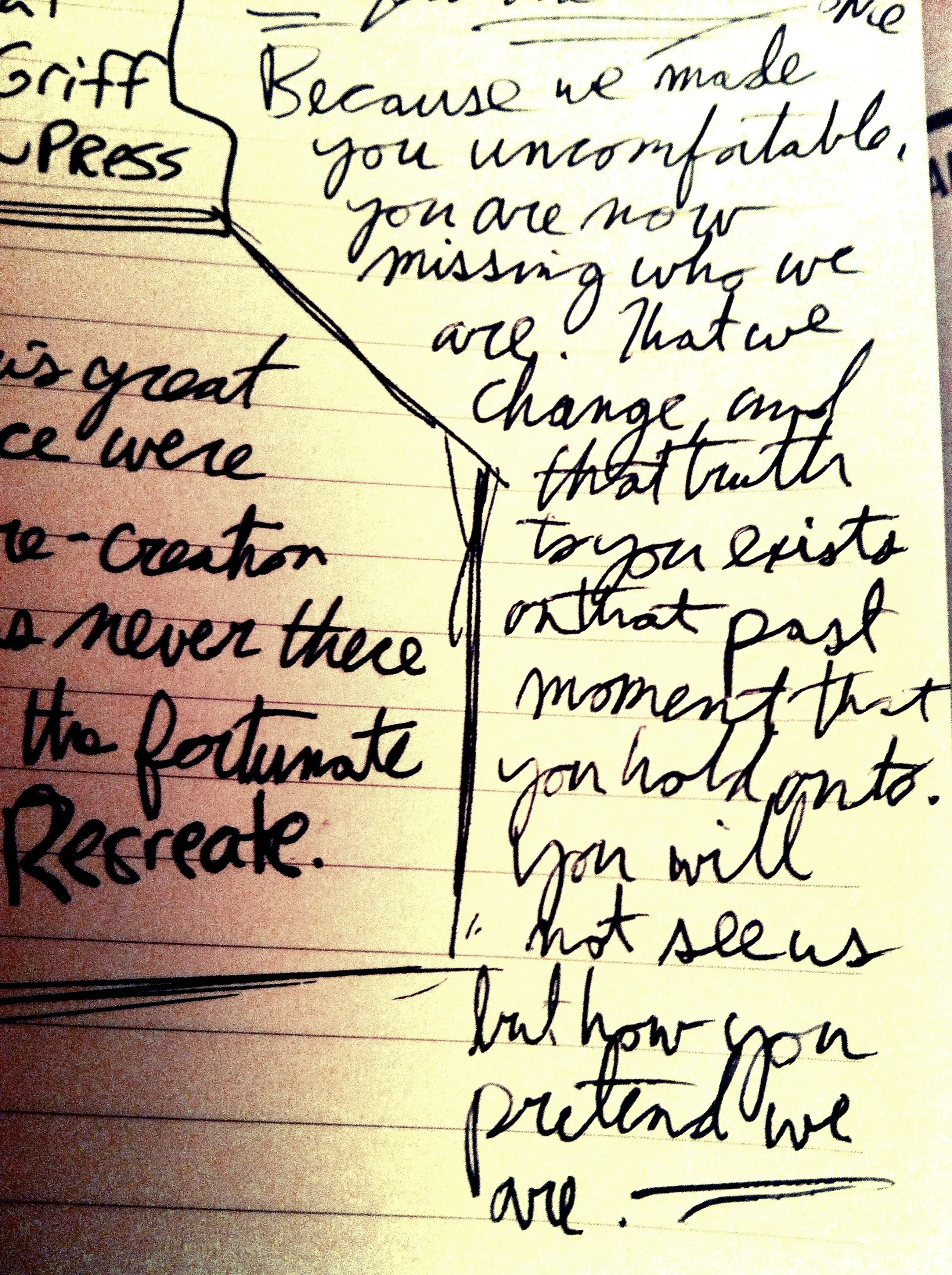 Because we made you uncomfortable, you are now missing who we are. That we change, and that truth to you exists in that past moment you hold onto, you will not see us. But for how you pretend we are. p. shaw