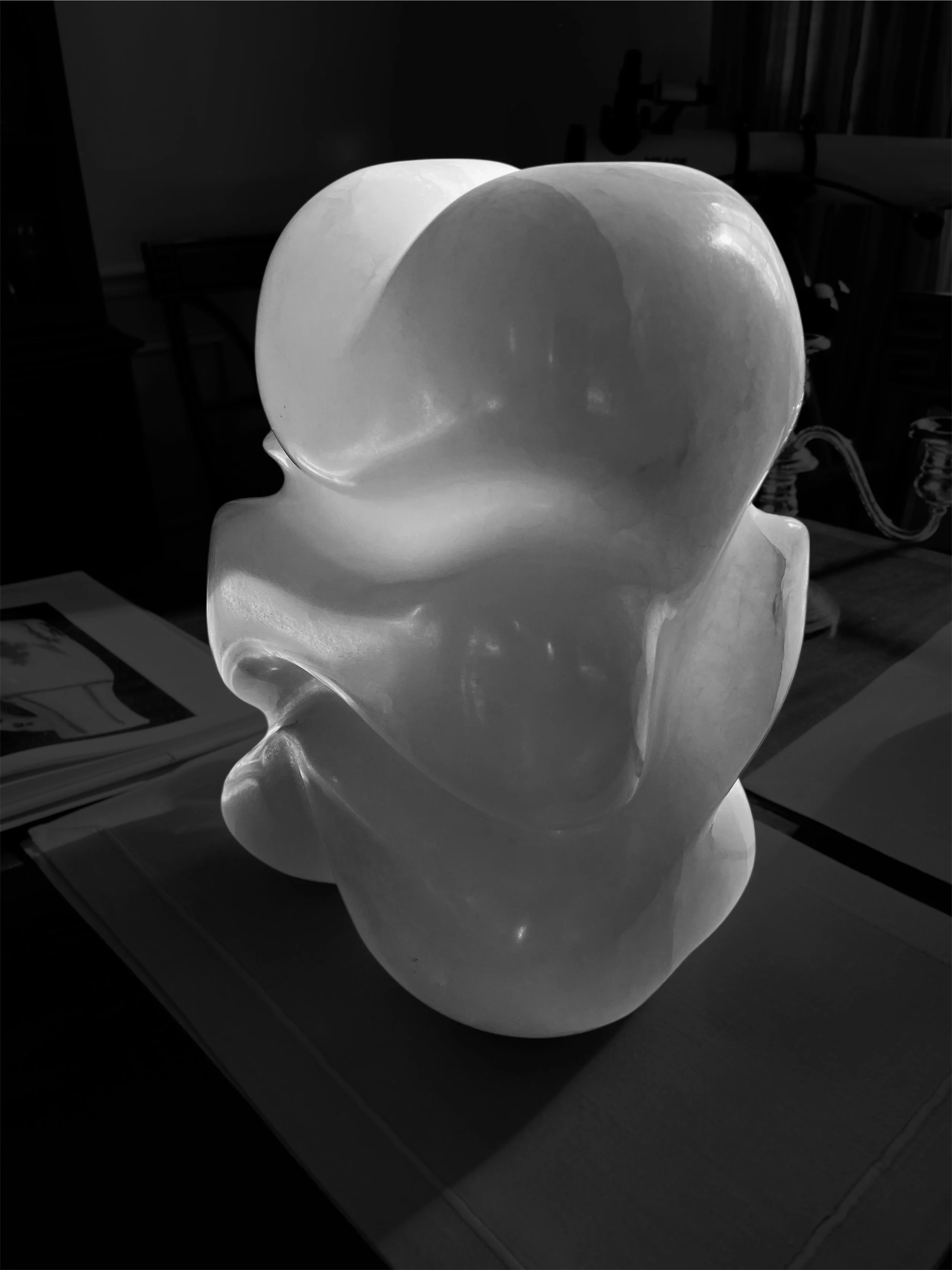 A translucent, abstract sculpture with smooth, flowing curves, reflecting light, placed on a flat surface in a room with various objects and furniture in the background.