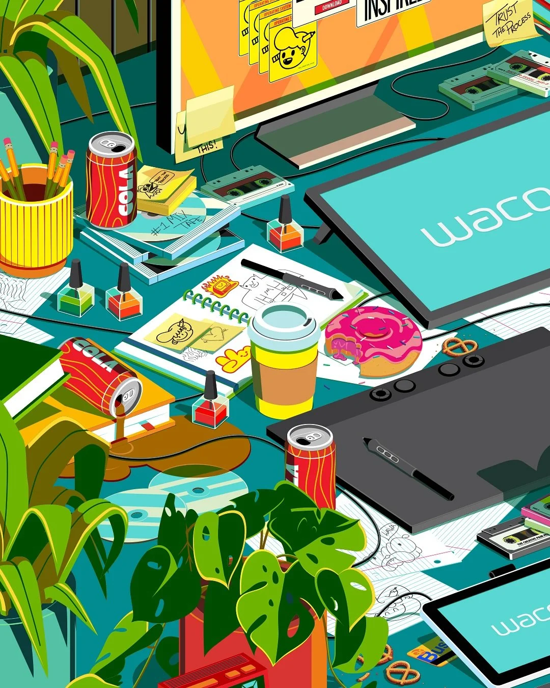 Excited to share the latest back-to-school campaign illustration created for my friends at @wacom ! 🎒✨ This retro-inspired piece is packed with nostalgia and hidden details&mdash;think the ultimate creative workspace surrounded by all the best Wacom
