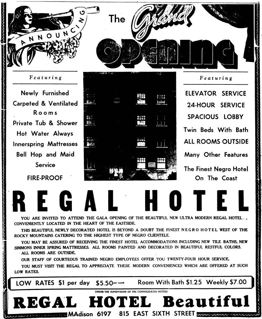 Advertisement for the Regal Hotel - Los Angeles, California