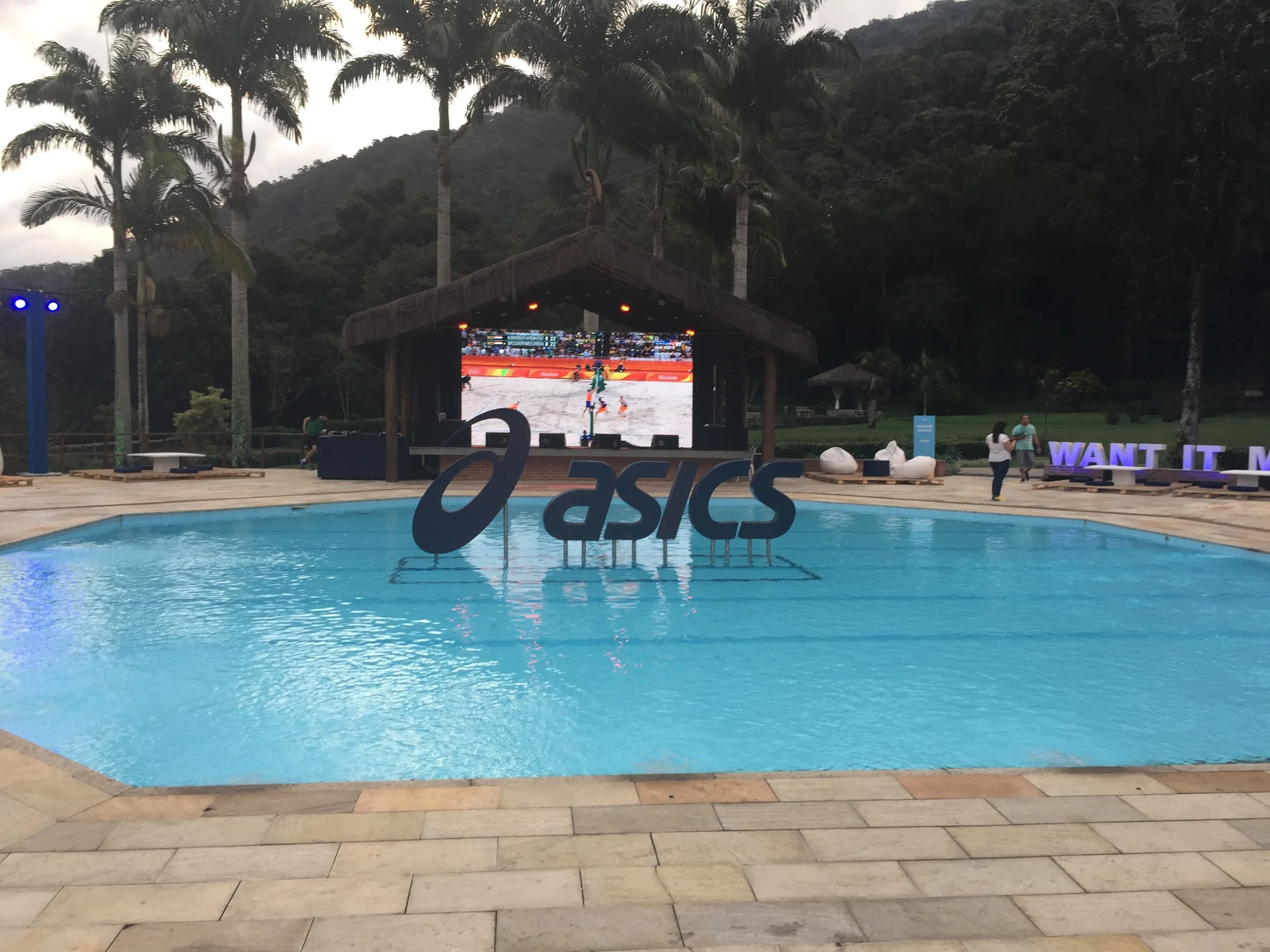 Poolside with life size viewing on the big screen TV!