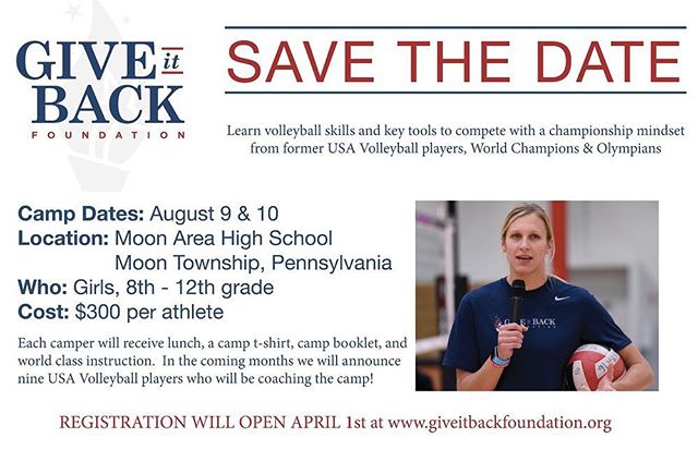 I&rsquo;m thrilled to announce that this summer the @giveitbackfdn will be coming to my home city, Pittsburgh, Pennsylvania to host a volleyball camp at Moon Area High School August 9 &amp; 10 2019! Registration opens April 1st! 
For more information