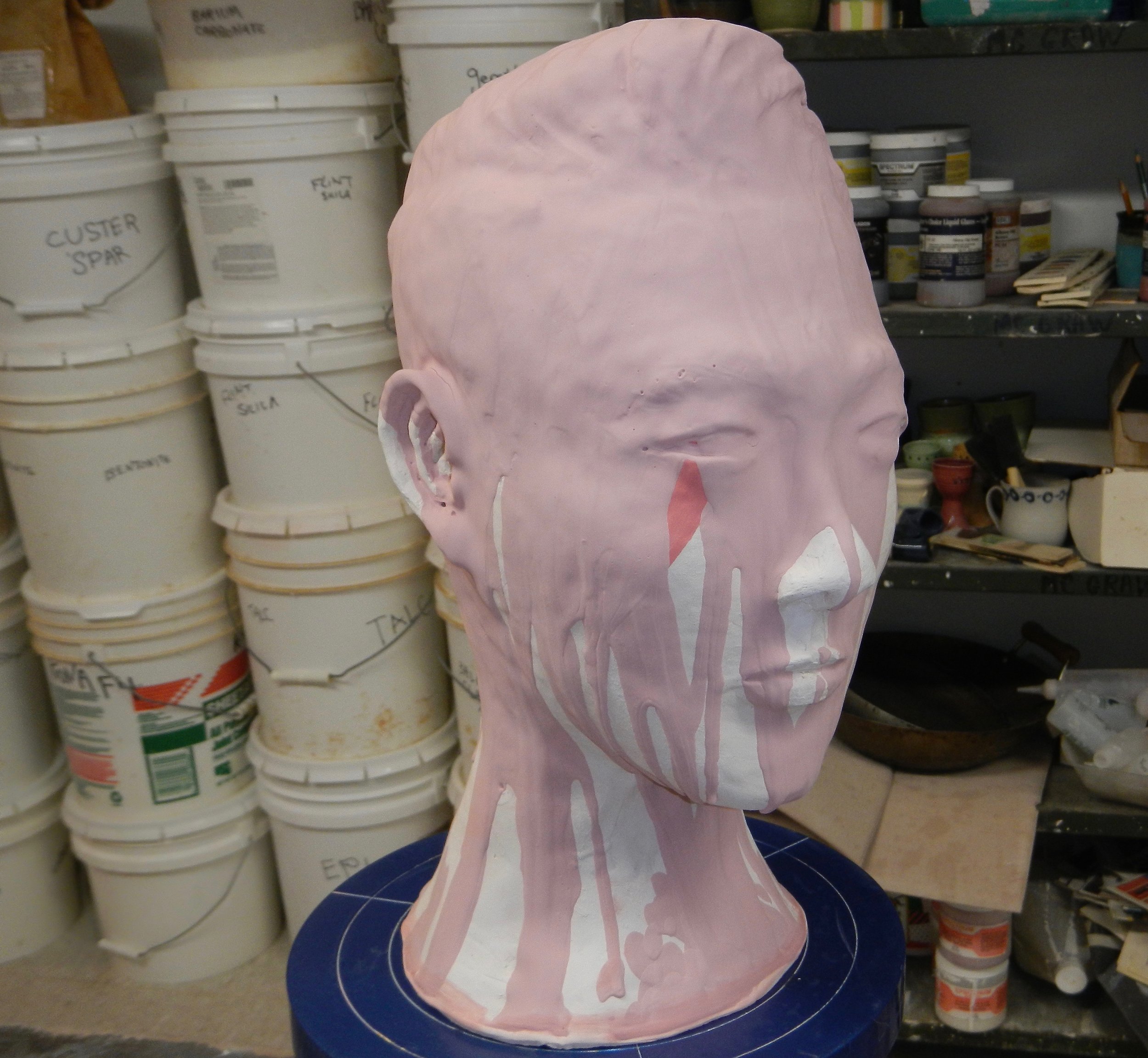 Bisqued, glazed but not yet fired- stay tuned for glazed sculpture “after”. Student work. So good!!