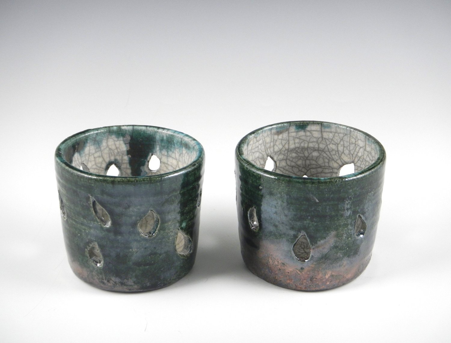 Yahrzeit Glass Holder (Pair) in Dark Jade Raku — Mimi Stadler Pottery