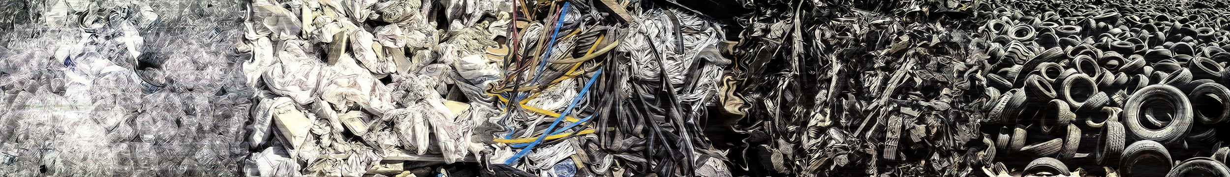Waste. (2016) A collection of different forms of waste. Plastic bottles, masonry, wire, rubber tubes, masticated rubber and tyres joined to form a continuous abstract work of art.