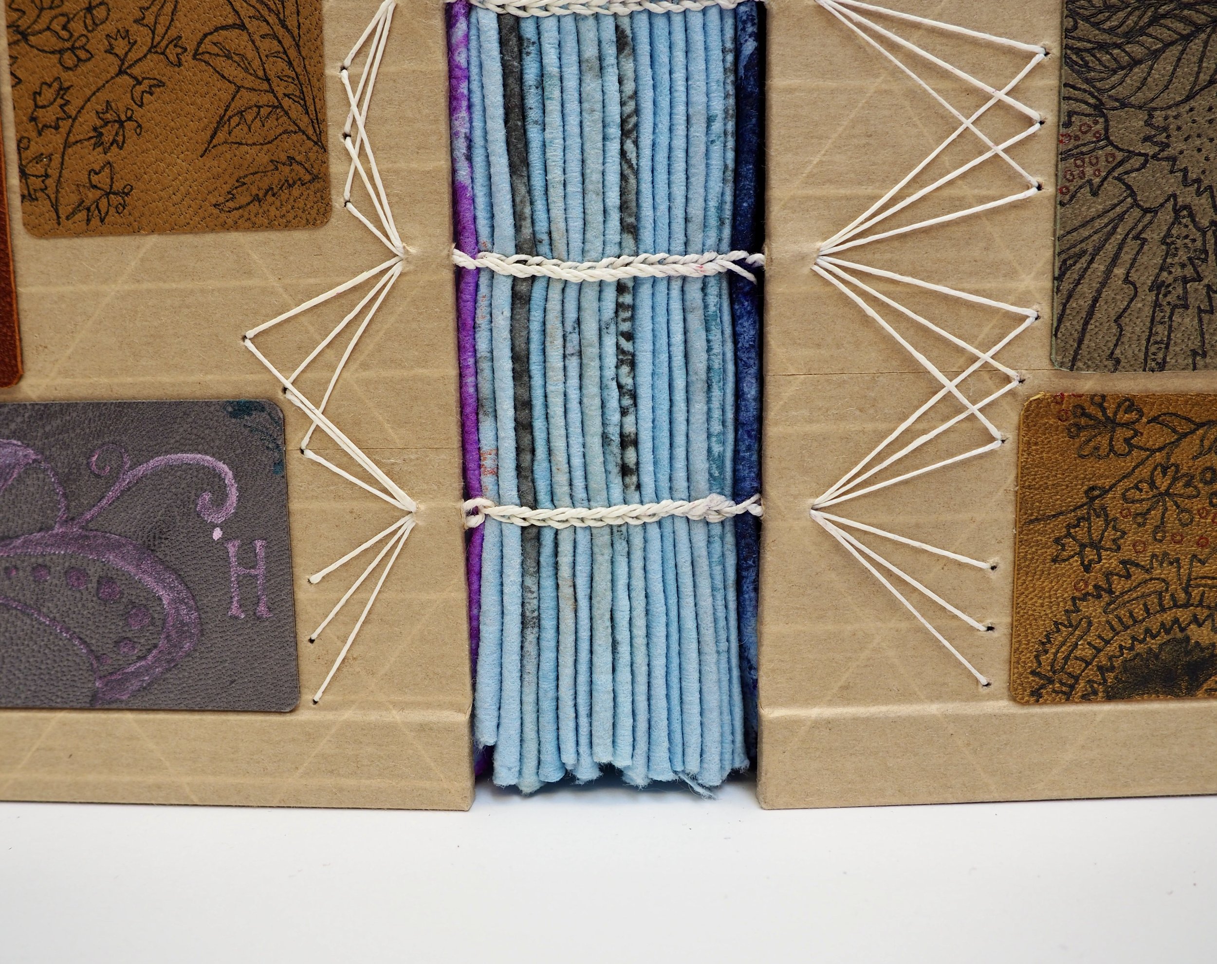  Fifteen Tests   Jan 2026   5.9” w x 9.9 “ h x 1.9” d  Coptic binding using shop towels. Covered in packing tape and tattooed leather.&nbsp; Back inside cover has a label of my signature tattooed on Cave Paper.  Fifteen Tests is a unique artist book 