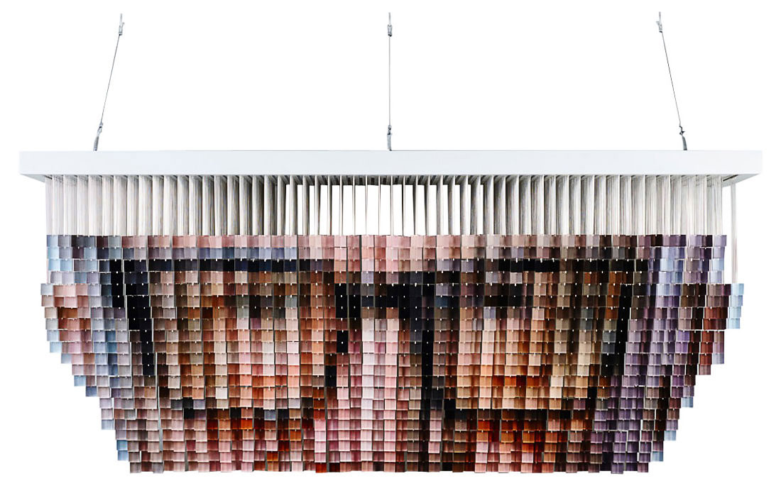 Andrew Myers -My Dealer Is Not A Square, 2015 1200 hand-painted 1" acrylic cubes, 800 yards of stainless steel rods, and wood hanging rods in a white metal frame 28 x 61 x 27 in (71.12 x 154.94 x 68.58 cm) Edition of 2 Estimate $50,000 - $55,000