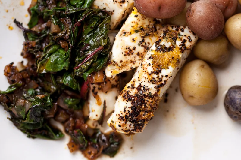 COOKING FOR ONE::HALIBUT + BABY POTATOES + SPICY CHARD
