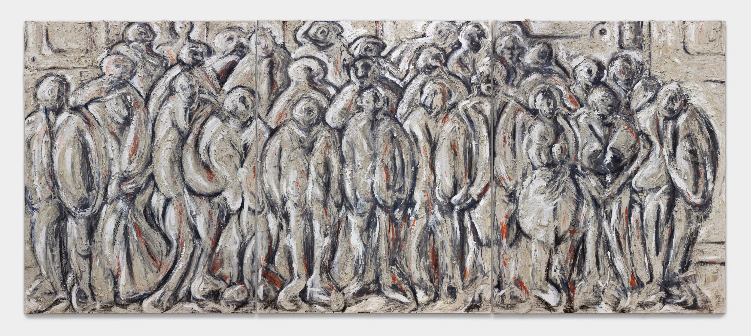   The World Raises Its Arms  Oil, pigment, graphite, filler, clay, PVA, on canvas 60 × 120 in. (152.4 × 304.8 cm) 2021 