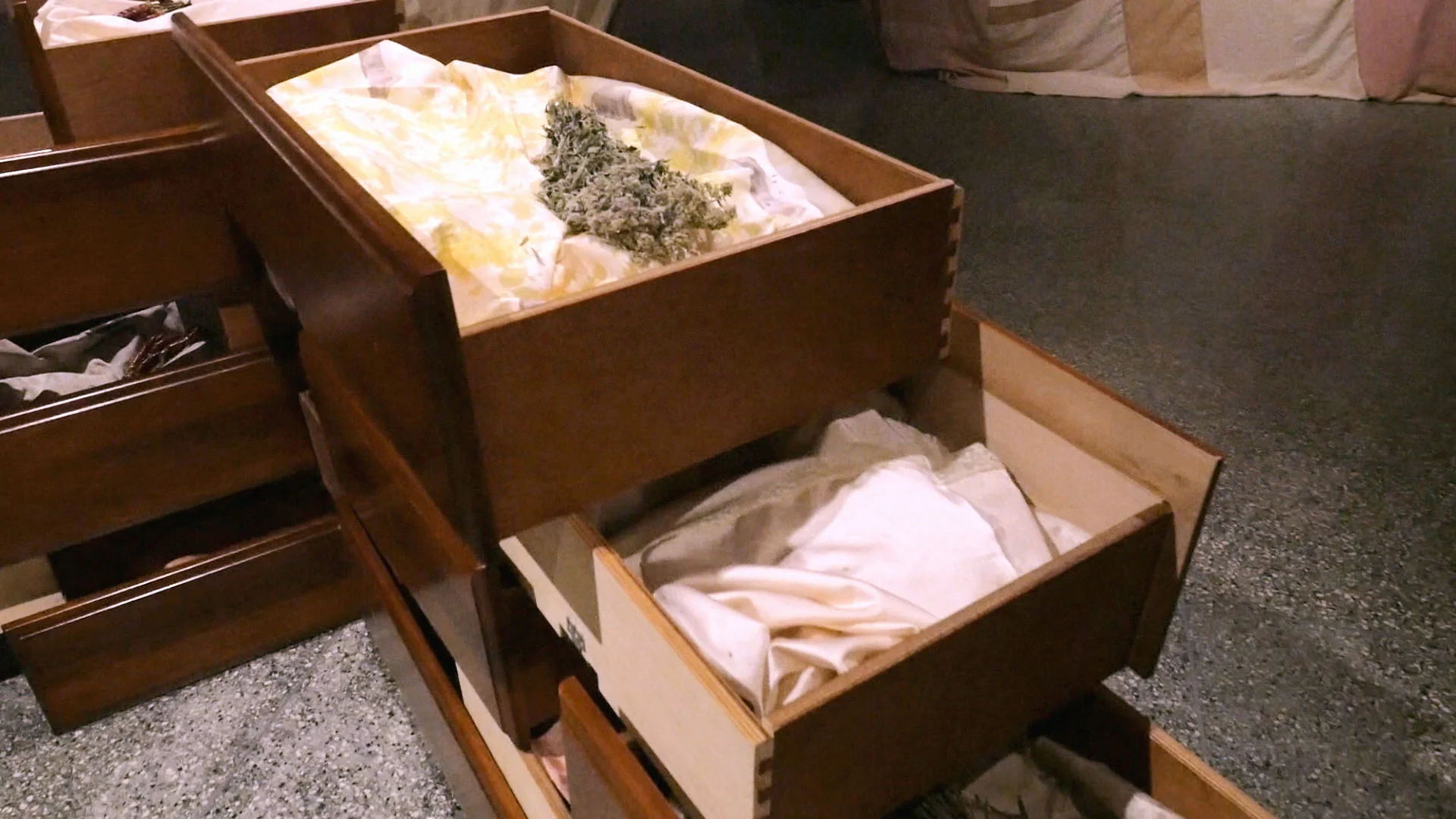 Devotions Dresser drawers, found linens, digitally printed broadcloth, dried flora 2019