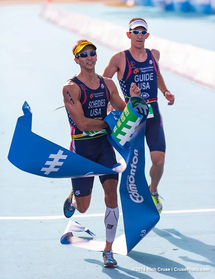 The 2014 ITU World Championships in Edmonton could have quite possibly been the greatest all around race I have had in my career. It was also probably the most important race in my career at the time. With the Rio Paralympics coming soon and after being beat the previous year in London, I was hungry for my title back. Guide Colin Riley had a near flawless day and we brought home a World Title for Team USA!