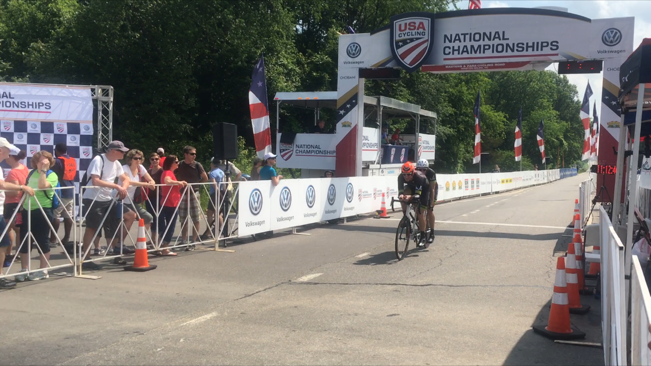 olin Riley and I cross the line at the 2016 Para-Cycling National Championships Time Trial.