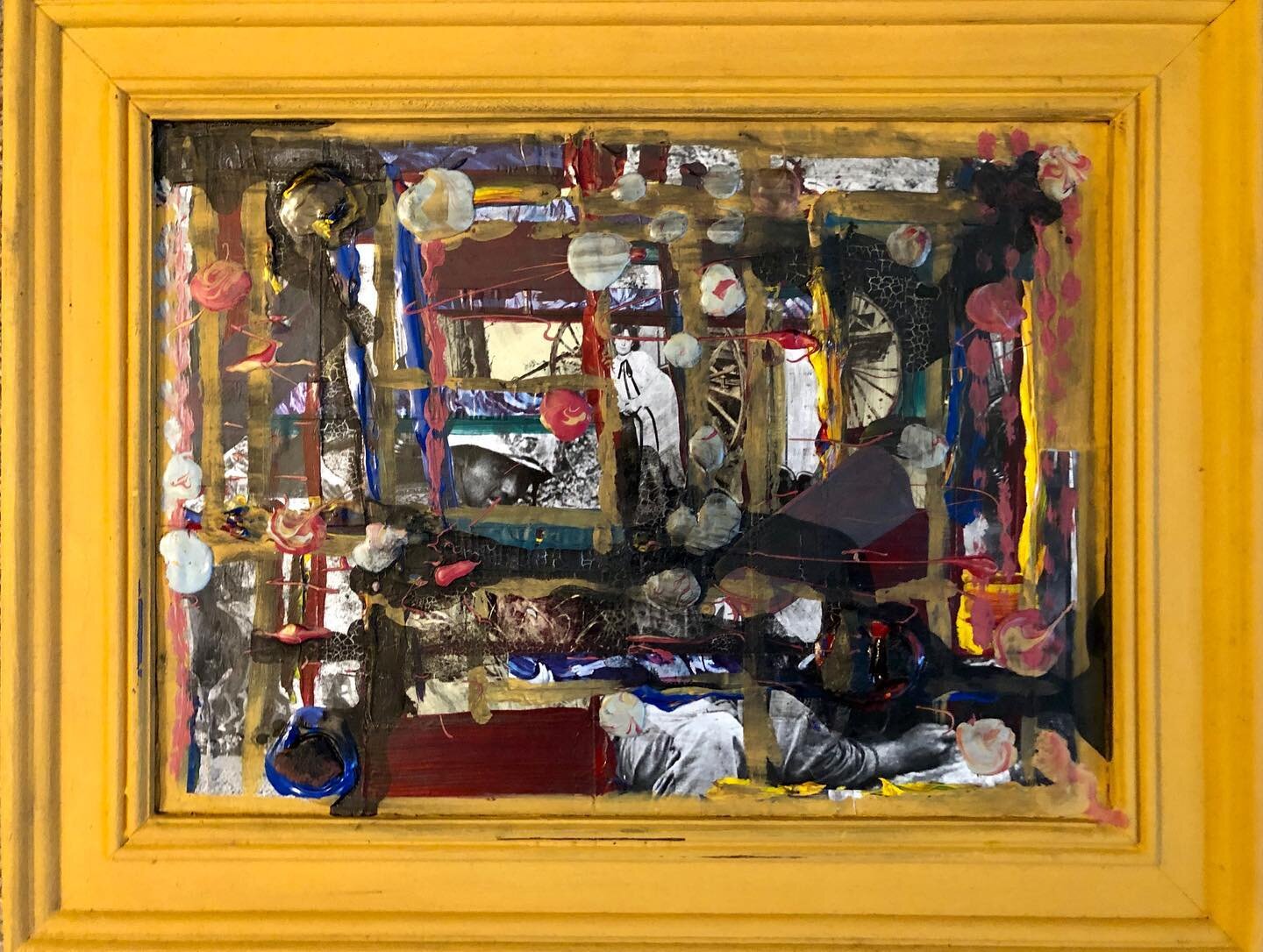 &ldquo;Americana: Untitled #4&rdquo; Mixed Media on found canvas. 2018 I never posted this work before, now owned by my brother-in-law. Good to see it again. #americana #abstractpainting #oldwork #yellowframe #mixedmediaart #travelingartist