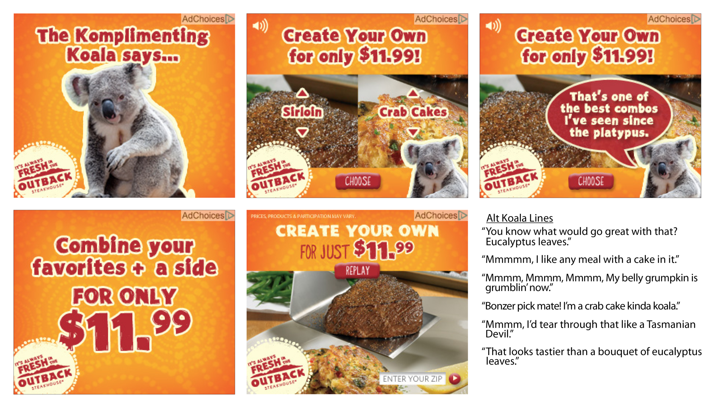 Rich Banner The Koala talks!! Users are asked to choose their favorite Outback combo. The Koala compliments their selection. The Koala’s words will appear in a word bubble but if the user turns the sound on the Koala’s voice will be audible in the silky smooth dulcet tones of an Aussie baritone.