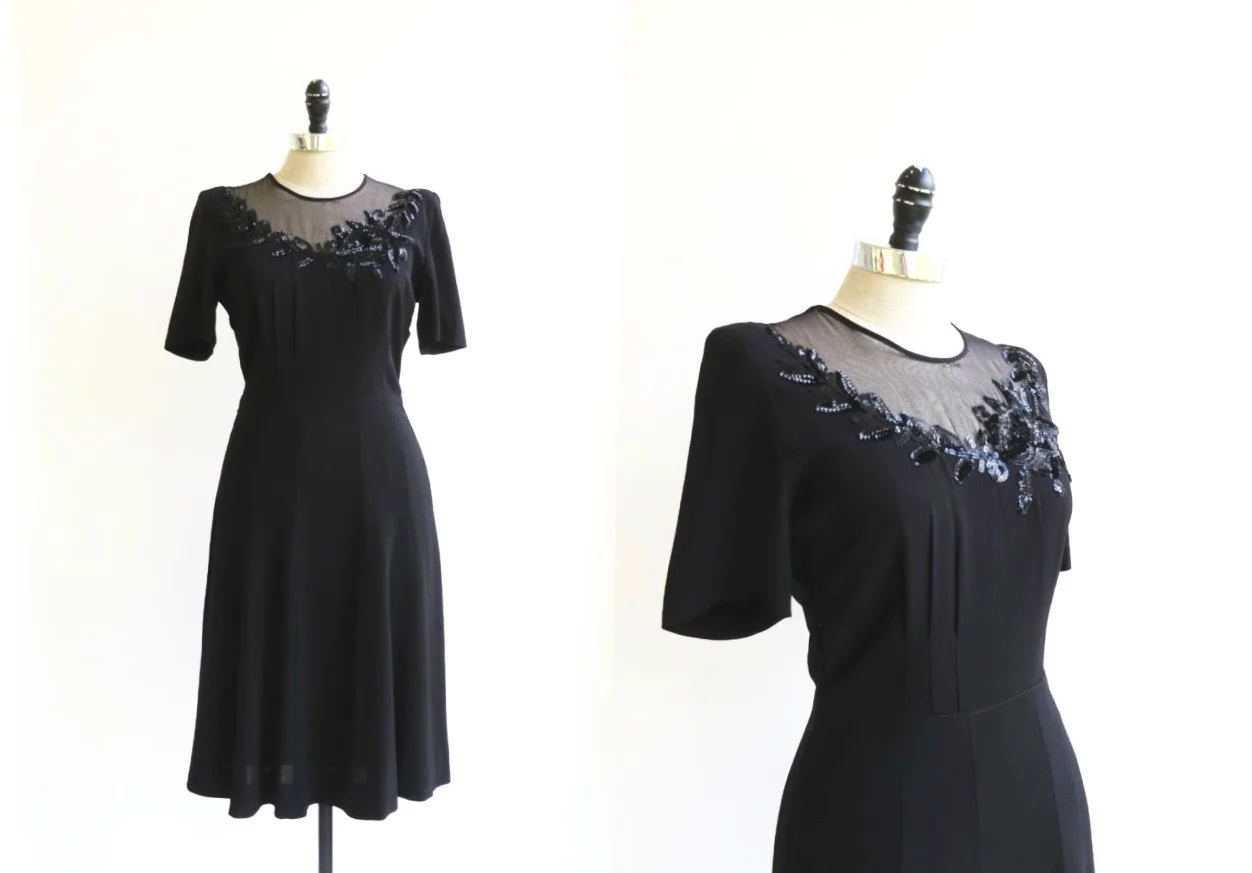 1930's-40's Beaded Illusion Crepe Dress
