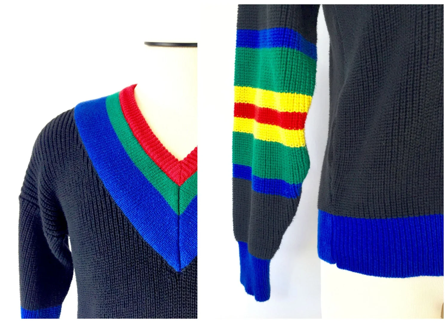 Bold color blocking on this 1980's V-neck sweater. Great vibrant blue!