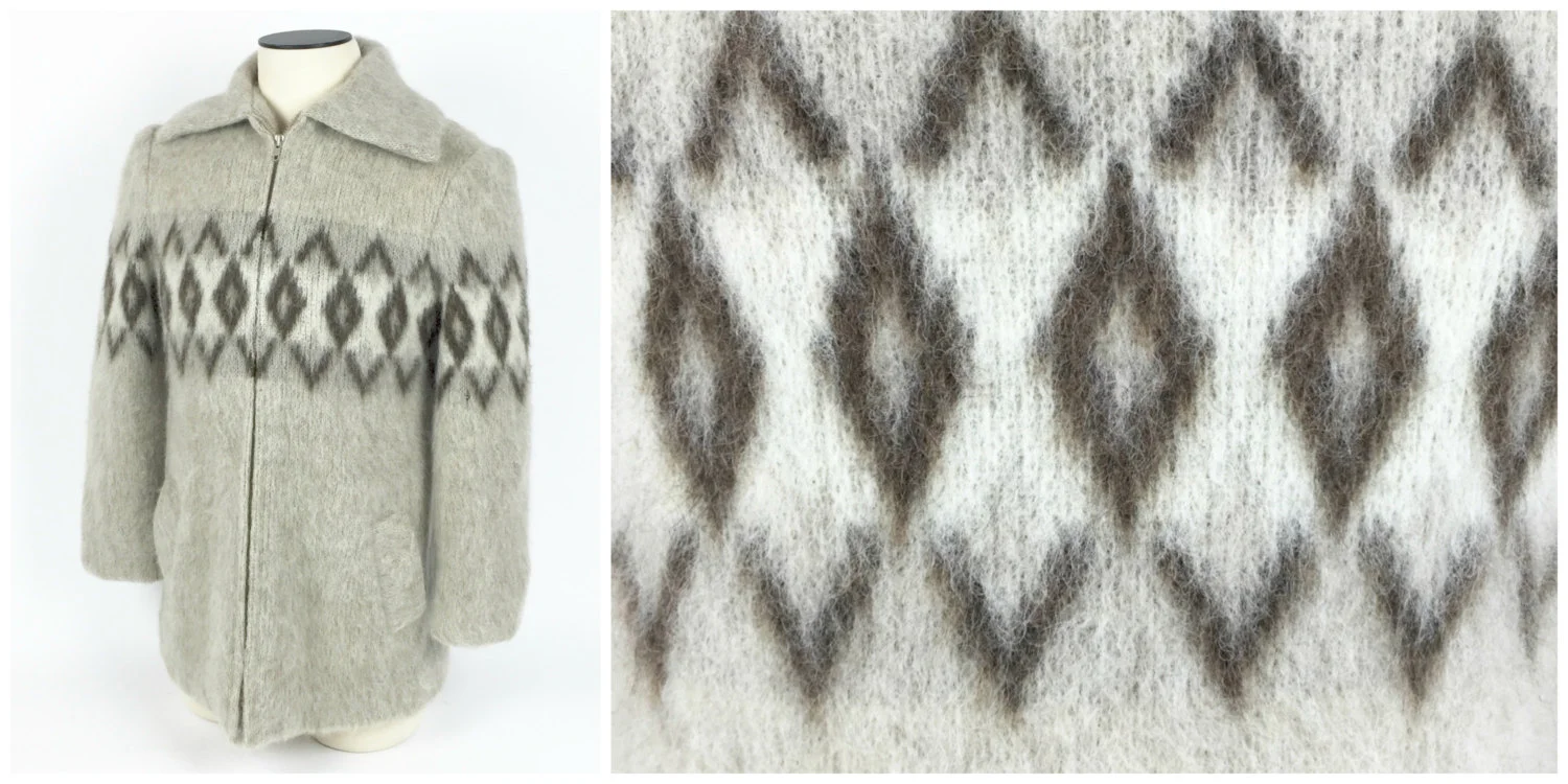 1970's Icelandic zippered sweater with a great shawl collar.