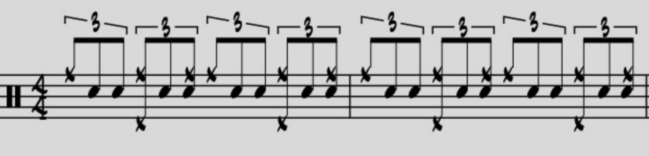 Beginning with a simple jazz pattern on the ride cymbal and hi hat, add the second two notes of the eighth note triplet to each beat.