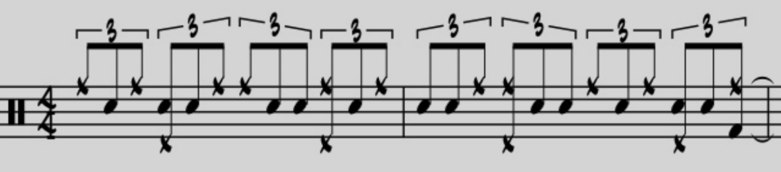 Next, move the ride cymbal pattern around to accentuate different partials of the triplet. Note the incorporation of both the snare drum and the bass drum on the third partial of the triplets.
