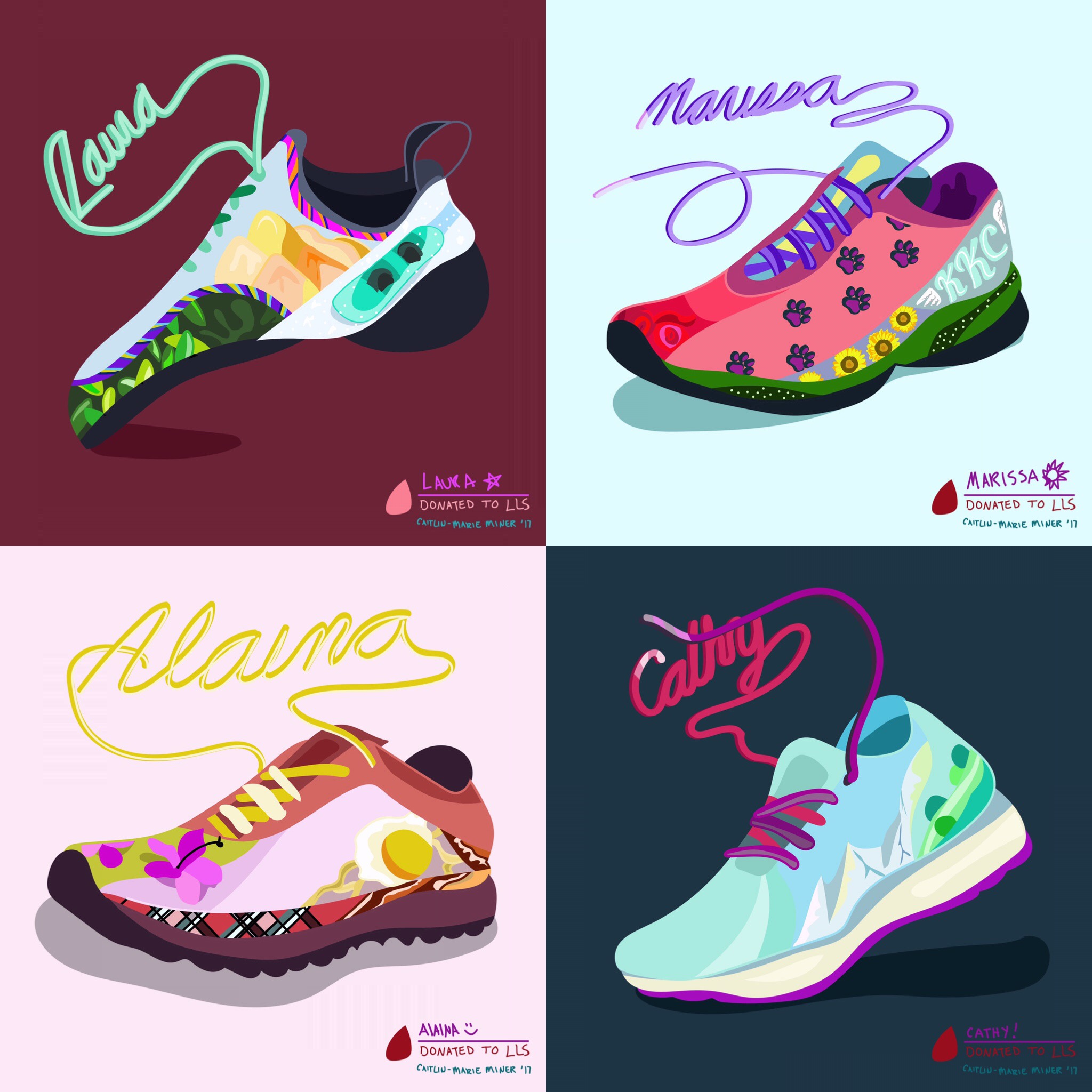 Some of the running (and climbing) shoes I have drawn for the fundraiser!