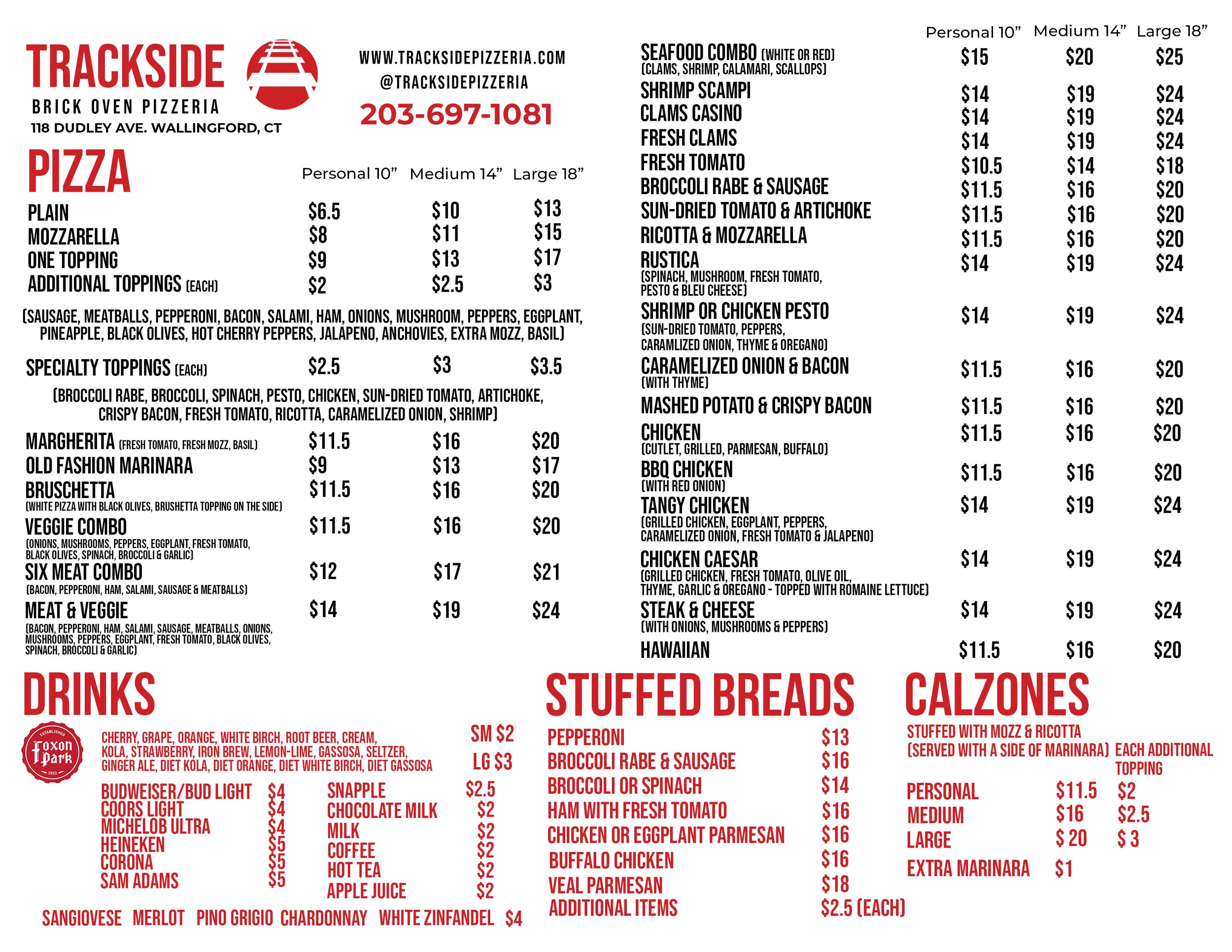 Menu Trackside Brick Oven Pizzeria